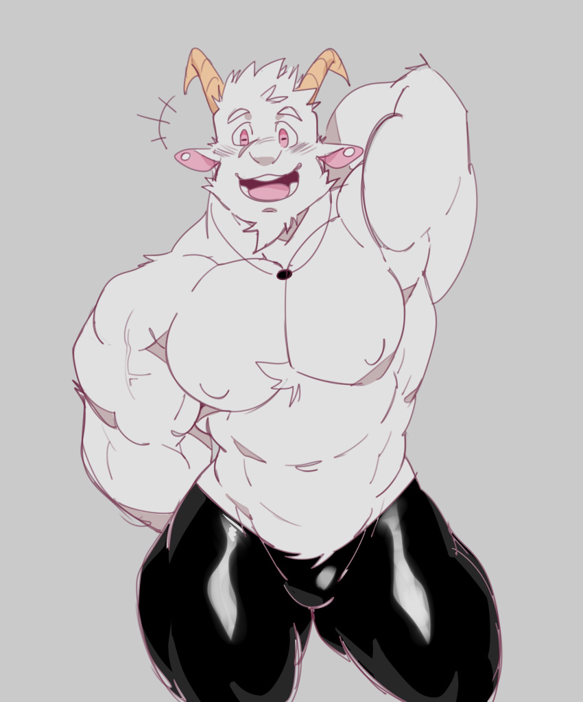 absurd_res anthro bovid caprine chesschirebacon clothed clothing fur goat hi_res horn latex_legwear male mammal muscular muscular_anthro muscular_male nipples pecs pink_eyes solo topless white_body white_fur