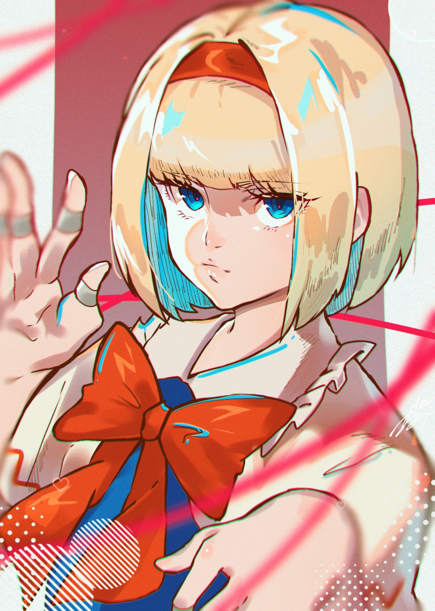 1girl alice_margatroid aojirozame1228 bangs blonde_hair blue_eyes blunt_bangs blurry bow bowtie closed_mouth depth_of_field hairband highres jewelry looking_at_viewer nail_polish puppet_rings red_bow red_ribbon ribbon ring short_hair simple_background soft_focus solo touhou upper_body