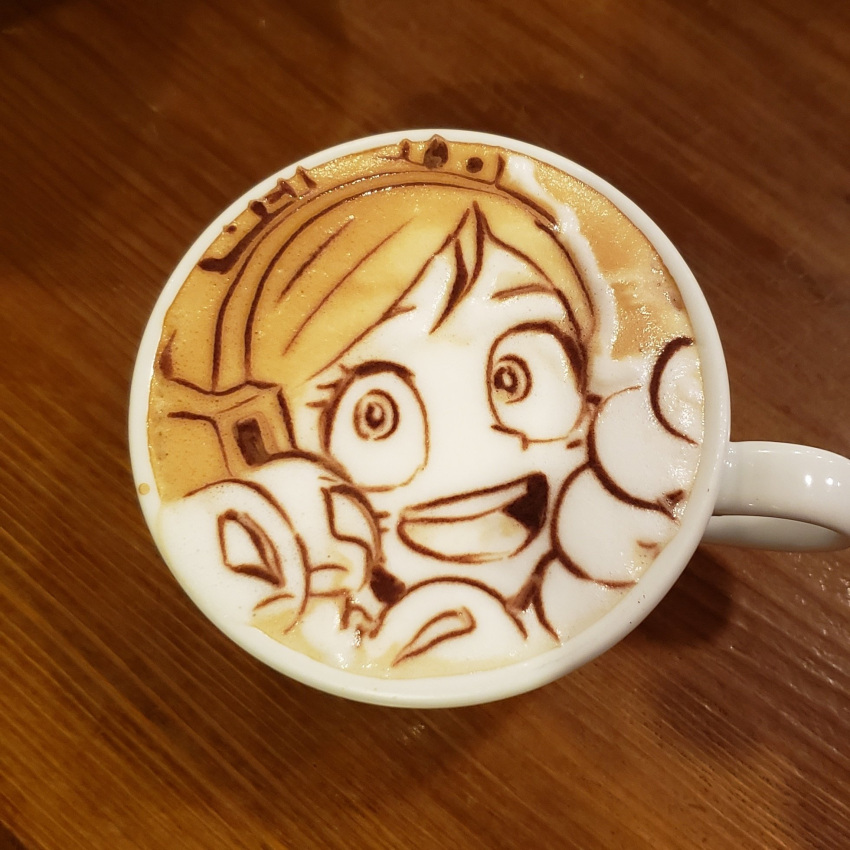 1girl :d animal_hands bangs boku_no_hero_academia coffee coffee_mug commentary cup english_commentary eyelashes facial_mark fangs george_(yamamoto_kazuki) gloves headgear highres latte_art long_hair looking_at_viewer mug open_mouth paw_gloves paw_pose photoshop_(medium) ragdoll_(boku_no_hero_academia) smile solo swept_bangs unconventional_media whisker_markings