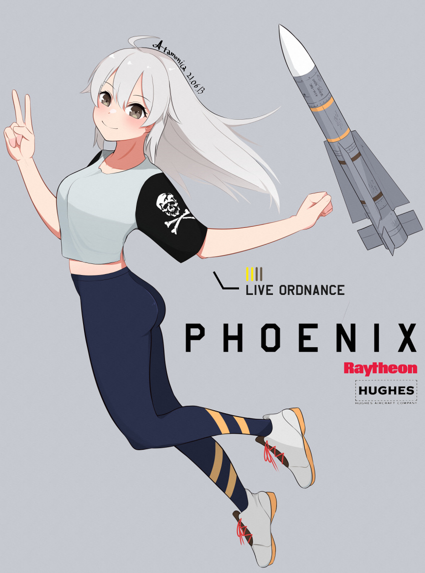 1girl ahoge aim-54_phoenix artist_name atamonica bangs blush denim highres jeans long_hair looking_at_viewer military missile original pants personification shoes silver_hair smile sneakers v weapon