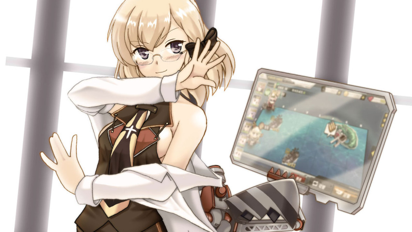 azu_rentarou azur_lane bare_shoulders blonde_hair blue_eyes bow breasts eyebrows_visible_through_hair glasses hair_bow looking_at_viewer makise_kurisu monitor necktie off-shoulder_jacket off_shoulder official_alternate_costume parody playing_games rigging sideboob sleeveless steins;gate upper_body z23_(azur_lane) z23_(philosophy_sensei)_(azur_lane)