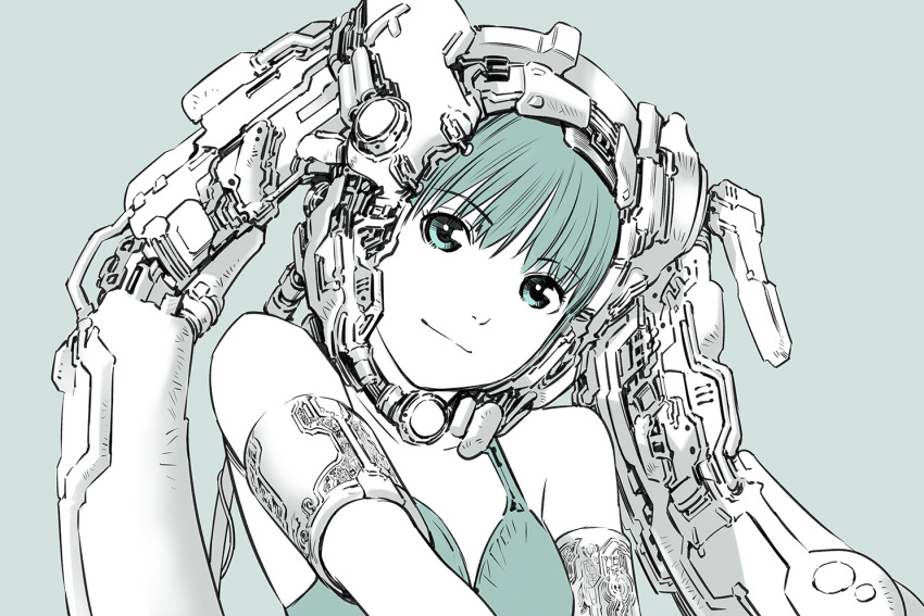 1girl armlet bangs blue_background blue_eyes blue_theme bra colored_skin headgear light_smile looking_at_viewer mecha_musume mechanical_parts original short_hair simple_background underwear underwear_only white_skin yoshitomi_akihito