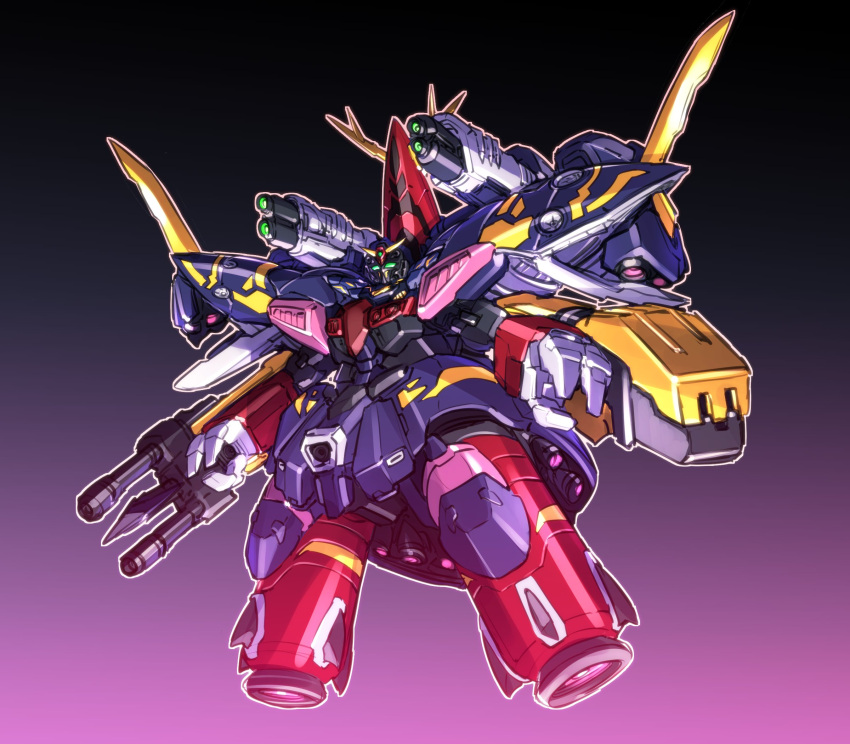 fusion gun gundam gundam_unicorn highres holding holding_gun holding_weapon ishiyumi mask_commander mecha neo_zeong no_humans purple_background sd_command_chronicles sd_gundam shoulder_cannon solo v-fin weapon