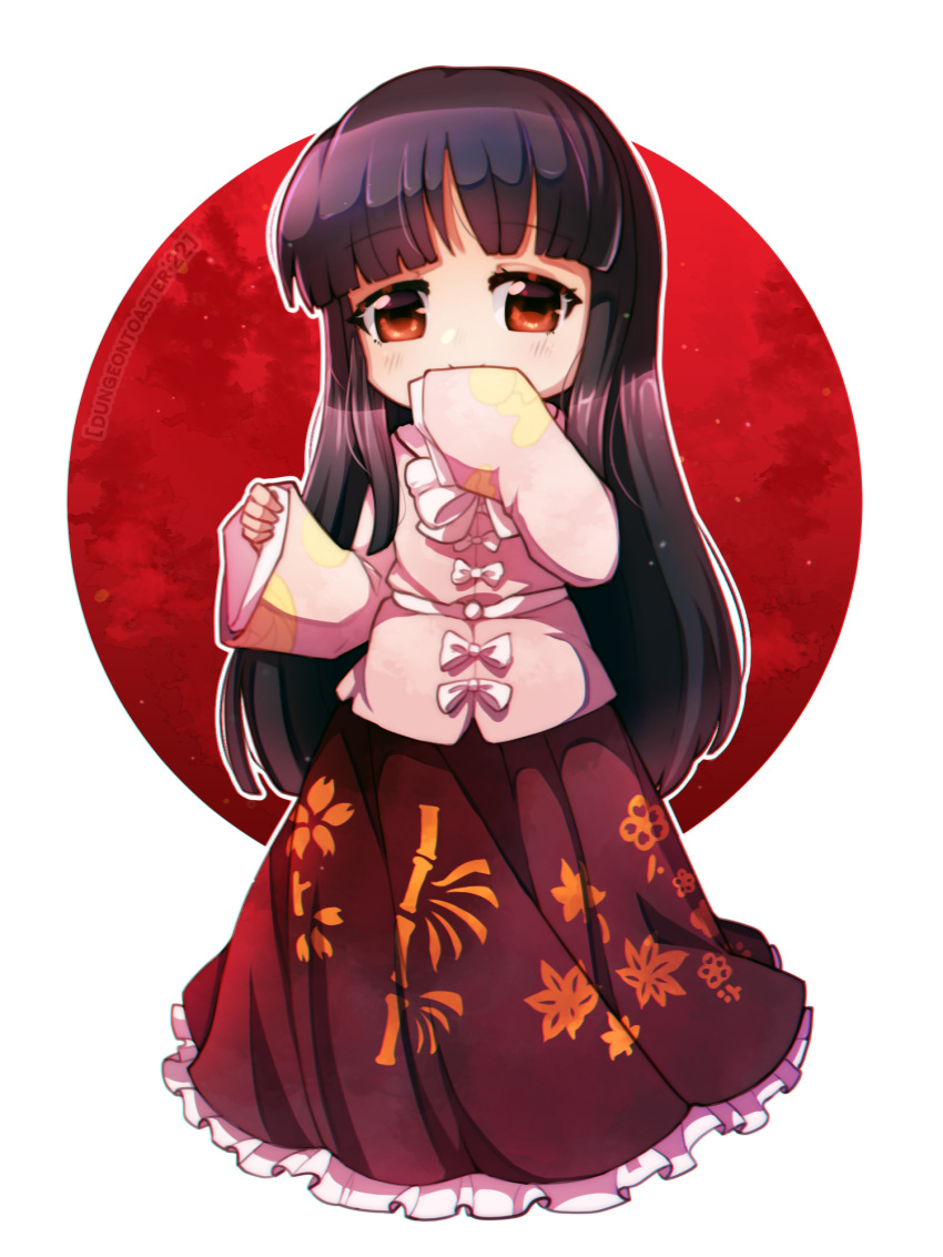 1girl artist_name bamboo_print bangs black_hair chibi dungeon_toaster floral_print highres hime_cut houraisan_kaguya imperishable_night japanese_clothes kimono leaf_print long_hair long_sleeves looking_at_viewer red_eyes ribbon smile touhou white_background wide_sleeves