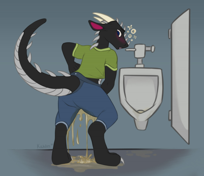 accident anthro blush bodily_fluids dragon drunk falund genital_fluids katlin male pants_wetting peeing scalie solo substance_intoxication urinal urine watersports wetting
