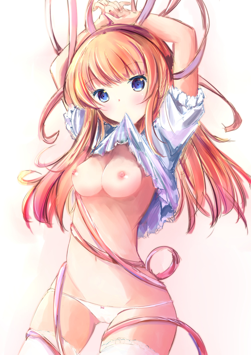 1girl arms_up bangs blonde_hair blue_eyes blush bow bow_panties breasts cameltoe clothes_lift commentary_request eyebrows_visible_through_hair groin head_tilt highres lifted_by_self long_hair looking_at_viewer medium_breasts mouth_hold nipples original panties shihou_haru shirt_in_mouth shirt_lift short_sleeves solo thighhighs underwear white_legwear white_panties