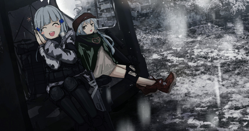 2girls absurdres assault_rifle bangs black_footwear black_legwear blush blush_stickers closed_eyes commentary_request day full_body g11_(girls'_frontline) girls'_frontline green_jacket grey_eyes grey_hair gun h&amp;k_g11 h&amp;k_hk416 hair_between_eyes hair_ornament highres hk416_(fang)_(girls'_frontline) hk416_(girls'_frontline) jacket kilabo long_hair looking_at_another multiple_girls no_headwear no_helmet open_mouth outdoors own_hands_clasped own_hands_together pantyhose rifle shoes silver_hair sitting smile sneakers uniform weapon winter_uniform