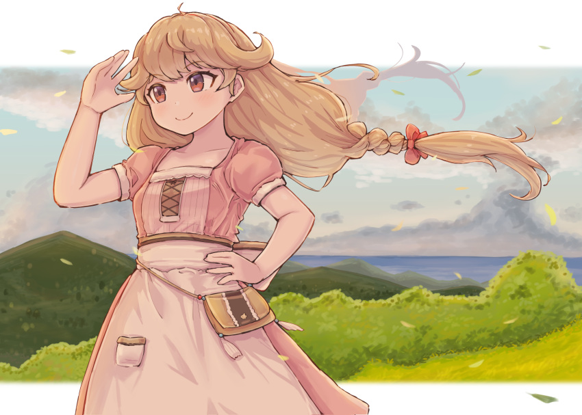 1girl ahoge apron bag bangs braid brown_eyes brown_hair bush cloud cowboy_shot dress faye_(fire_emblem) fire_emblem fire_emblem_echoes:_shadows_of_valentia grass hair_ribbon hand_on_hip highres kutabireta_neko leaf long_hair looking_afar mountain ocean pink_dress pouch puffy_sleeves ribbon sash sky smile solo tassel twin_braids waist_apron wind