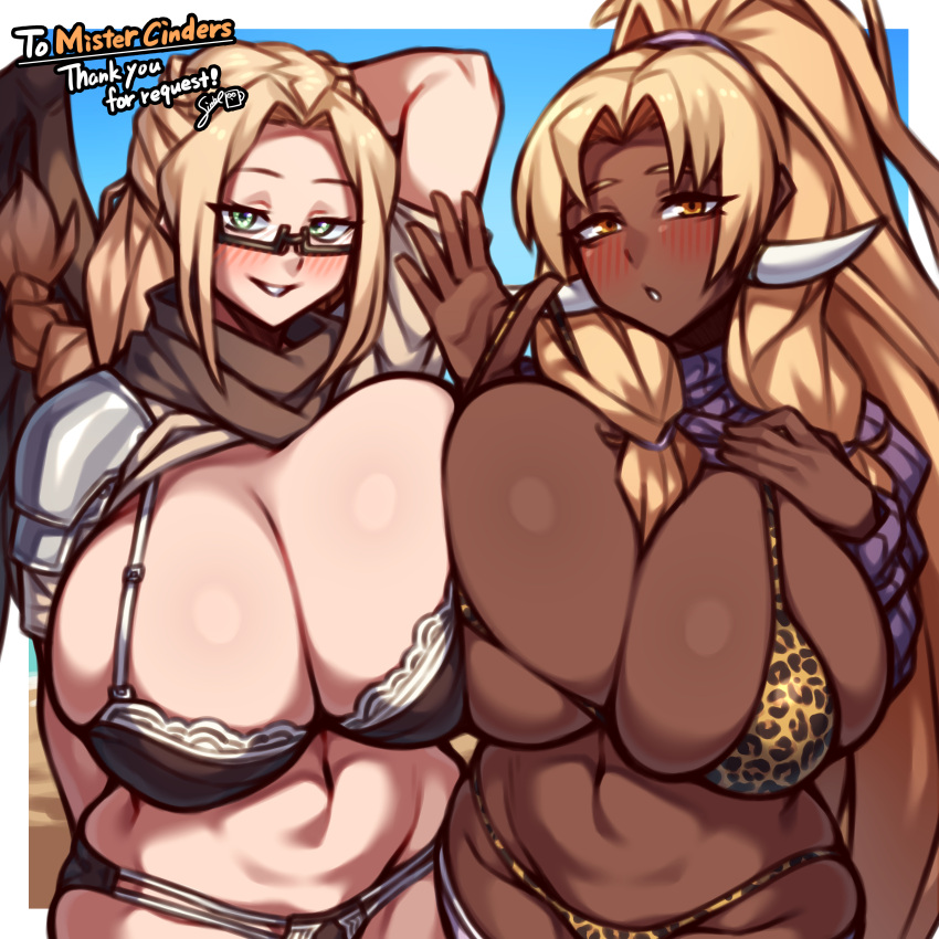 2girls :o absurdres animal_print arm_up armor asymmetrical_docking bikini bikini_tug black_bikini blonde_hair blush borrowed_character braid breast_press breasts cleavage clothes_lift commission crown_braid dark-skinned_female dark_skin glasses green_eyes grin hair_between_breasts hair_intakes high_ponytail highres huge_breasts koohiitei_shinbo leopard_print long_hair multiple_girls navel orange_eyes original pauldrons purple_sweater rectangular_eyewear scarf semi-rimless_eyewear shoulder_armor skeb_commission smile stomach sweater sweater_lift swimsuit tri_tails under-rim_eyewear upper_body very_long_hair