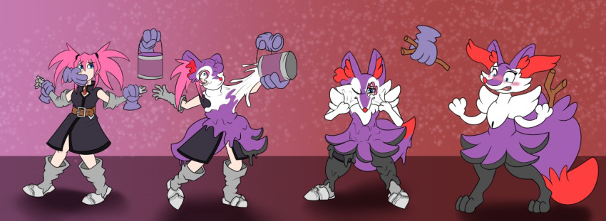 2018 alternate_species anthro blush braixen bucket container digital_media_(artwork) digitigrade disembodied_hand en female goo_transformation hair human mammal nearu-senpai nintendo open_mouth pink_hair pok&eacute;mon pok&eacute;mon_(species) presea_combatir sequence shiny_pok&eacute;mon simple_background stick surprise tales_of_symphonia transformation video_games