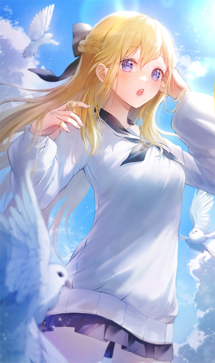 1girl absurdres bangs bird blonde_hair blue_sky blush bow eyebrows_visible_through_hair hair_bow hair_braid highres iro_(iro_252_) long_hair long_sleeves looking_at_viewer open_mouth original pigeon purple_eyes school_uniform serafuku skirt sky