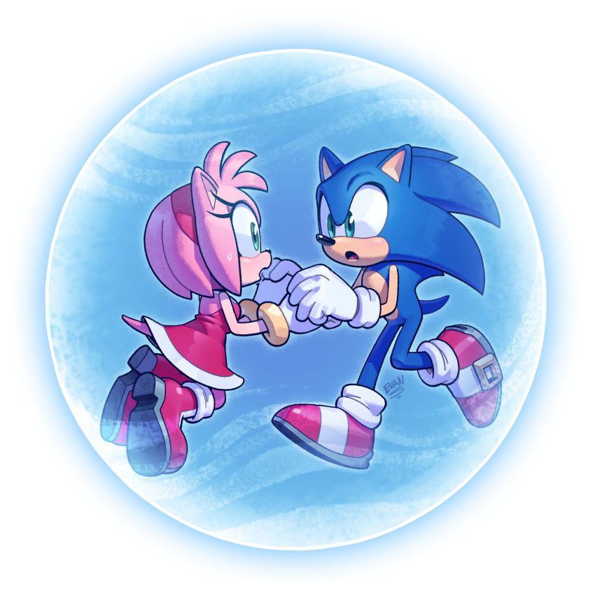 amy_rose anthro blue_body blue_fur bodily_fluids boots bubble clothing dress duo eulipotyphlan evan_stanley eyelashes female floating footwear fur gloves green_eyes hand_holding handwear hedgehog hi_res male male/female mammal pink_body pink_fur sega shoes sneakers sonic_the_hedgehog sonic_the_hedgehog_(series) sweat sweatdrop