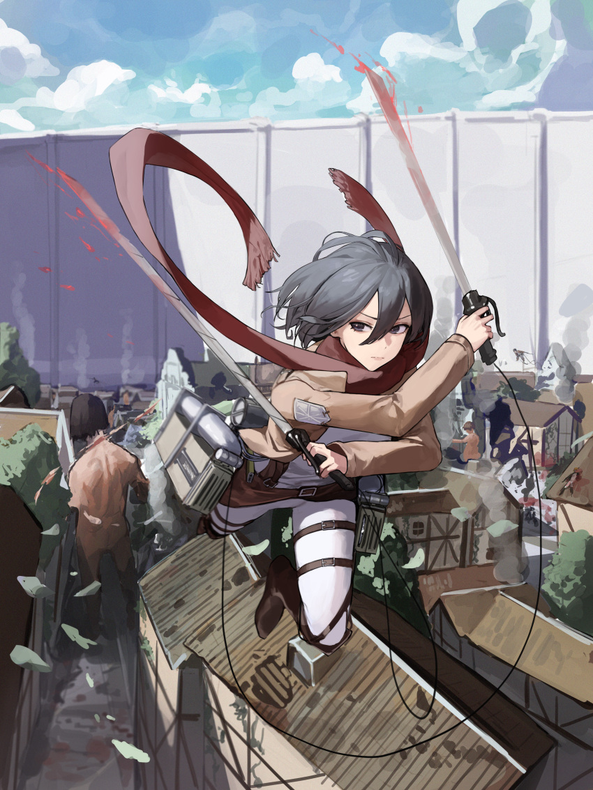 1girl absurdres black_hair boots brown_footwear brown_jacket building closed_mouth commentary_request day full_body highres holding holding_sword holding_weapon jacket knee_boots korean_commentary long_sleeves looking_at_viewer mac_star midair mikasa_ackerman outdoors pants purple_eyes red_scarf scarf serious shingeki_no_kyojin shirt short_hair solo sword thigh_strap titan_(shingeki_no_kyojin) weapon white_pants white_shirt
