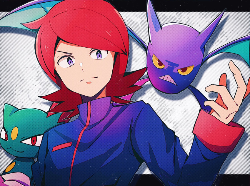 1boy bangs blue_jacket closed_mouth commentary_request crobat hand_up highres jacket letterboxed long_sleeves male_focus medium_hair pokemon pokemon_(creature) pokemon_(game) pokemon_hgss purple_eyes red_hair silver_(pokemon) smile sneasel split_mouth turtleneck turtleneck_jacket upper_body yasunaga_(yukeyuke)