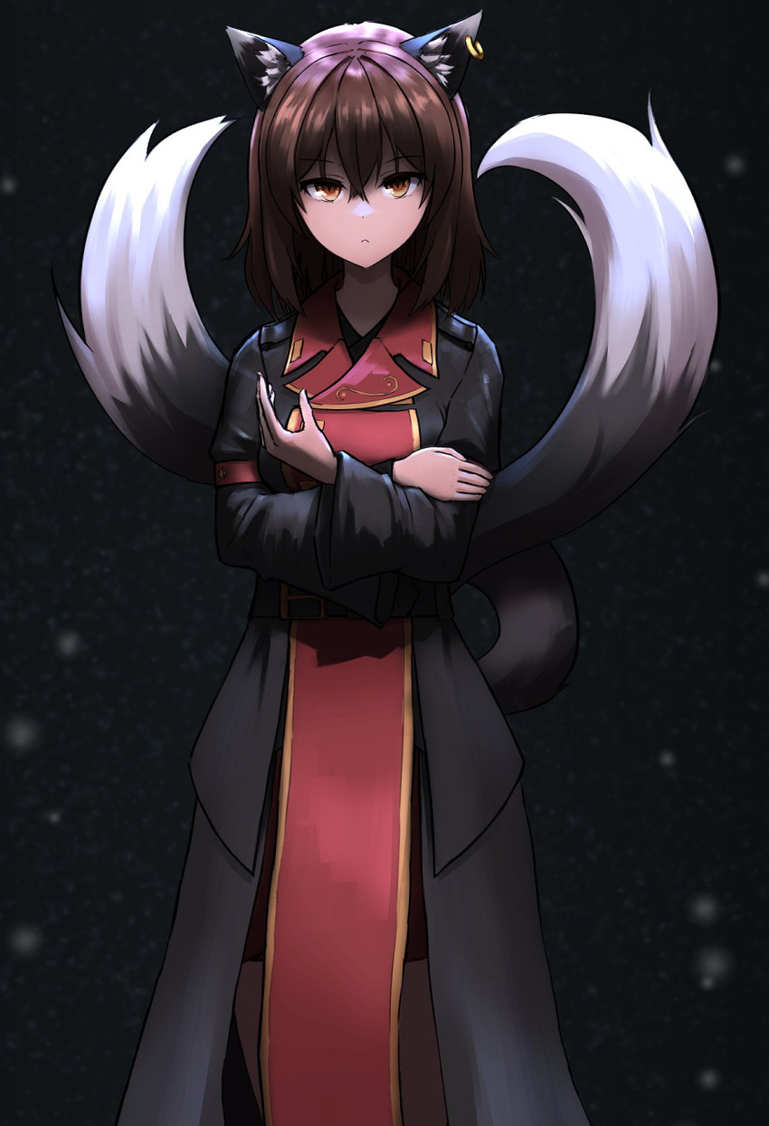 1girl :&lt; allcy49 alternate_costume animal_ears black_background black_coat brown_eyes brown_hair cat_ears chen coat commentary_request crossed_arms earrings hair_between_eyes highres jewelry long_coat looking_at_viewer multiple_tails nekomata older short_hair single_earring solo tail touhou two_tails