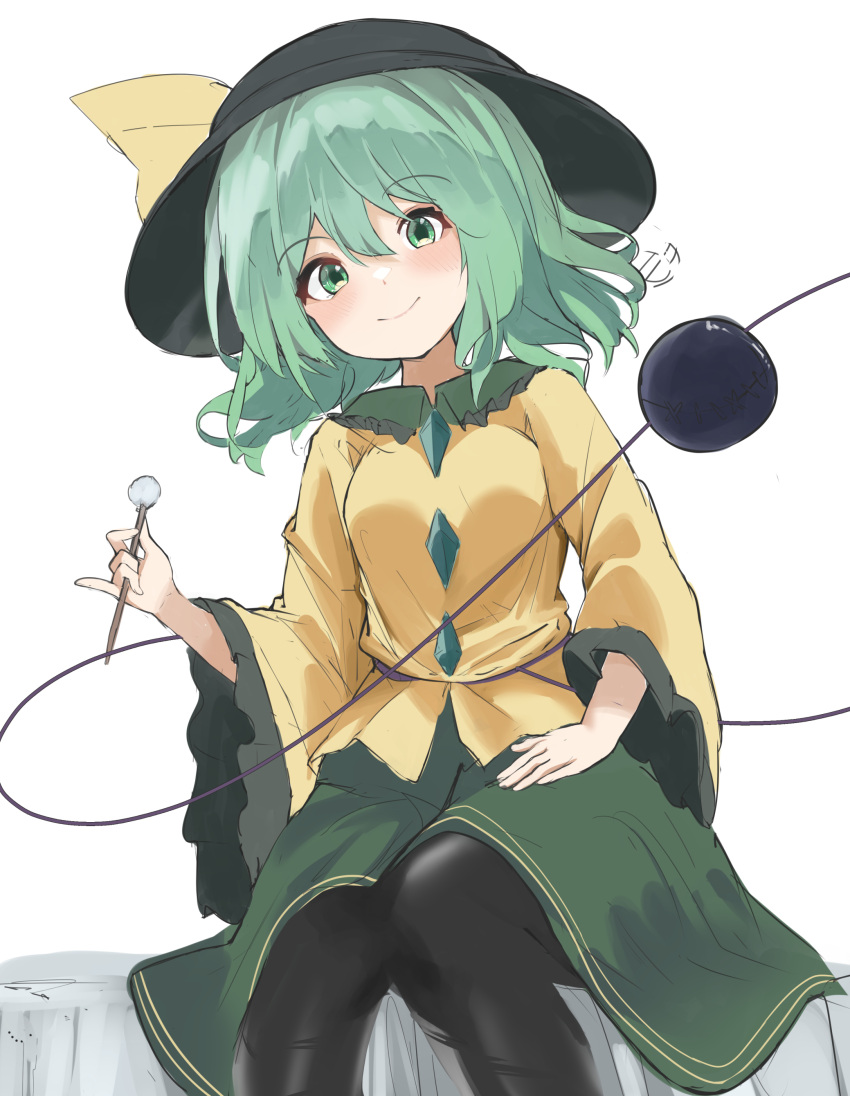 1girl 258n absurdres bangs bed black_headwear black_legwear blouse blush breasts buttons closed_mouth collared_blouse crystal eyebrows_visible_through_hair frills green_eyes green_hair green_skirt hair_between_eyes hair_ribbon hand_up hat highres jewelry komeiji_koishi lap_pillow_invitation long_sleeves looking_at_viewer medium_breasts mimikaki on_bed pantyhose ribbon short_hair simple_background sitting sitting_on_bed skirt smile solo third_eye touhou white_background wide_sleeves yellow_blouse yellow_ribbon