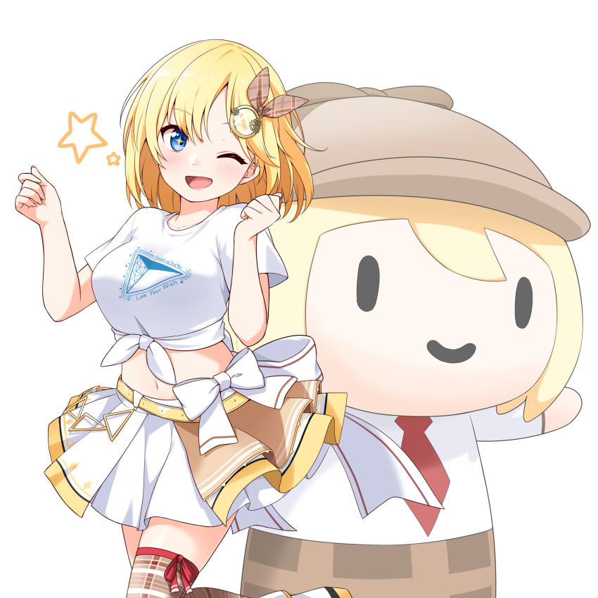 2girls absurdres blonde_hair blue_eyes chibi felutiahime hair_ornament highres hololive hololive_english magnifying_glass multiple_girls navel one_eye_closed open_mouth shirt skirt smile smol_ame virtual_youtuber watson_amelia white_shirt