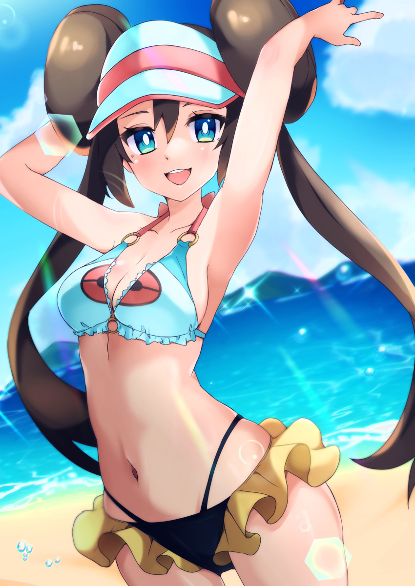 1girl :d absurdres adapted_costume armpits arms_up bangs bikini blue_eyes blush breasts bright_pupils cleavage cloud collarbone commentary_request day double_bun eyelashes hair_between_eyes highres lens_flare long_hair looking_at_viewer medium_breasts midriff miyama-san navel open_mouth outdoors pokemon pokemon_(game) pokemon_bw2 rosa_(pokemon) sand shiny shiny_skin shore sky smile solo sparkle swimsuit teeth tongue twintails upper_teeth water water_drop white_pupils