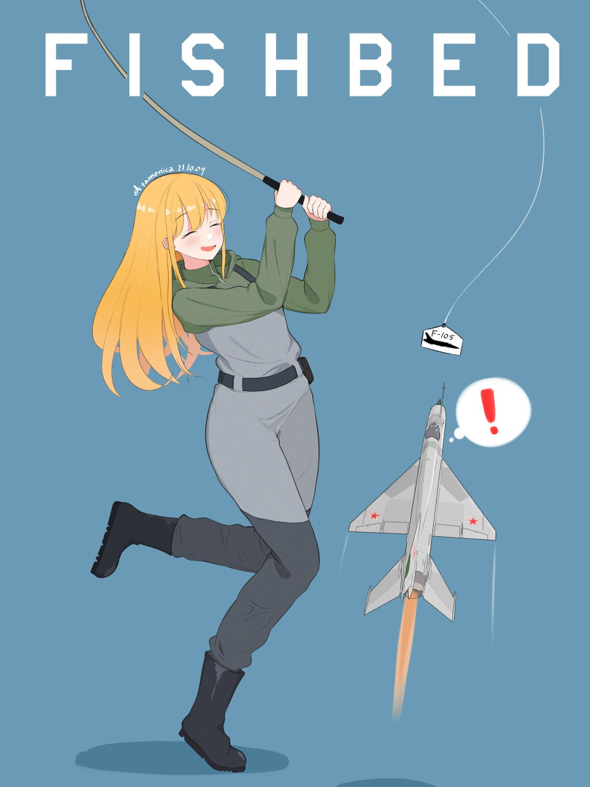 ! 1girl ^_^ afterburner aircraft airplane artist_name atamonica belt blonde_hair blush boots closed_eyes commentary_request english_commentary fighter_jet fishing_rod highres jet long_hair mig-21 military military_vehicle original smile thought_bubble