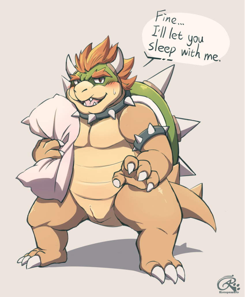 anal animal_genitalia anthro belly blush bodily_fluids bowser genitals hi_res horn koopa male mario_bros nintendo pillow risenpaw scalie simple_background slit solo sweat text tongue video_games