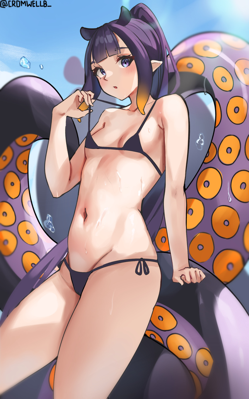 1girl absurdres bangs bare_shoulders bikini black_bikini black_hair blue_eyes blunt_bangs blush breasts cromwellb flat_chest gradient_hair groin highres hololive long_hair multicolored_hair navel ninomae_ina'nis open_mouth orange_hair pointy_ears ponytail purple_hair side-tie_bikini sidelocks small_breasts solo swimsuit tentacle_hair tentacles thighs very_long_hair virtual_youtuber wet