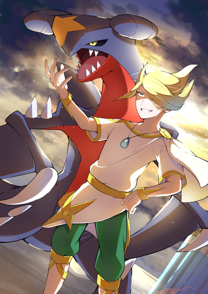 1boy absurdres blonde_hair bracelet capri_pants cloud commentary_request crack garchomp green_pants grn hand_on_hip hand_up highres jewelry male_focus necklace outdoors pants pillar pokemon pokemon_(creature) pokemon_(game) pokemon_legends:_arceus pon_yui ruins shirt short_hair short_sleeves sky smile standing teeth volo_(pokemon) white_shirt