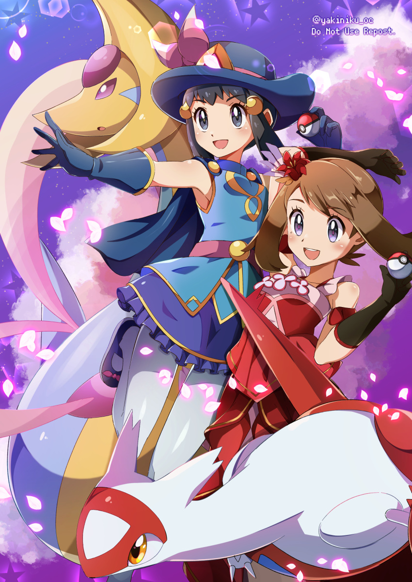 2girls absurdres bangs bare_shoulders black_gloves blue_gloves blue_hair blue_headwear breasts brown_hair commentary_request cresselia dawn_(pokemon) dress elbow_gloves eyebrows_visible_through_hair gloves hair_ornament hairclip hat highres holding holding_poke_ball latias may_(pokemon) miyama-san multiple_girls official_alternate_costume open_mouth pantyhose poke_ball pokemon pokemon_(creature) pokemon_(game) pokemon_masters_ex red_dress sleeveless sleeveless_dress small_breasts teeth twitter_username upper_teeth