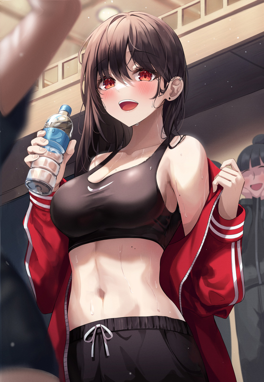 1girl :d absurdres bangs bare_shoulders black_bra black_shorts blurry blurry_background blush bottle bra brown_hair earrings gongha hand_up highres holding holding_bottle indoors jacket jacket_removed jewelry long_hair long_sleeves looking_at_viewer midriff navel open_mouth original red_eyes red_jacket shorts smile sports_bra standing sweat sweatdrop underwear water_bottle