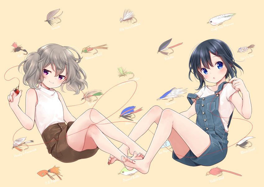 2girls :o ahoge arm_at_side bare_arms bare_legs bare_shoulders barefoot beige_background black_hair blue_eyes blue_overalls blush breast_pocket brown_skirt c: casual closed_mouth crossed_legs denim dot_nose english_text eyebrows_visible_through_hair eyes_visible_through_hair feet fishing_hook fishing_lure floating_hair from_side grey_hair hair_between_eyes hair_ornament hand_up high-waist_skirt high_collar highres holding holding_string hook invisible_chair jitome knees_together_feet_apart knees_up legs looking_at_viewer looking_to_the_side medium_hair minagi_hiyori miniskirt multiple_girls off_shoulder official_art overall_shorts overalls parted_lips pocket purple_eyes shirt shirt_tucked_in short_hair short_sleeves sitting skirt sleeveless sleeveless_turtleneck slow_loop smile soles spool strap_slip string t-shirt thighs thread toes turtleneck twintails uchino_maiko upshorts upskirt wavy_hair white_shirt x_hair_ornament yoshinaga_koi