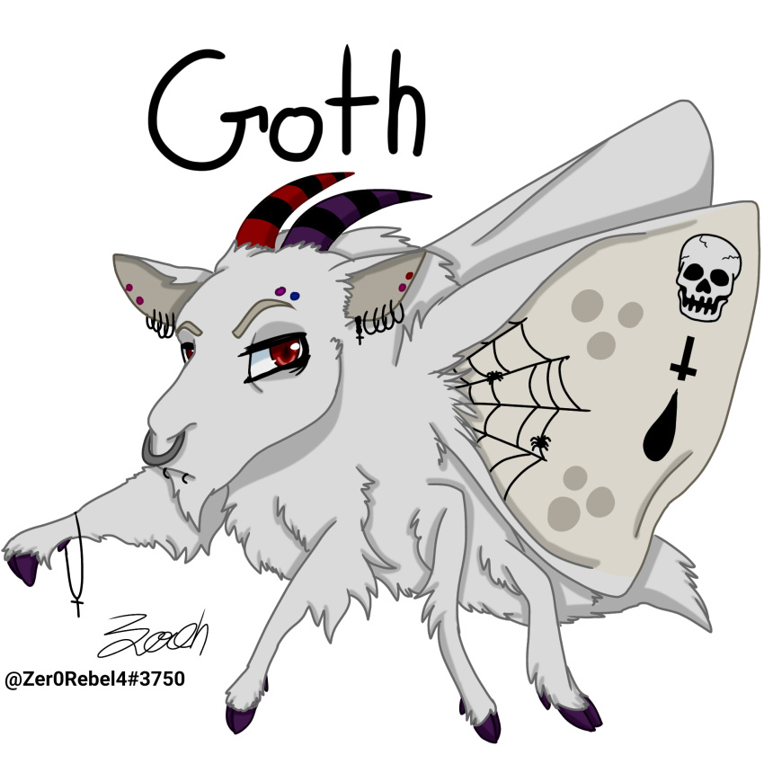 1:1 2022 ambiguous_gender angry arthropod bone bovid caprine colored cross digital_drawing_(artwork) digital_media_(artwork) ear_piercing ear_ring english_text eyebrow_piercing facial_piercing feral fluffy frown fur goat goth hi_res hooves horn hybrid insect jewelry lepidopteran lepidopteran_wings lip_piercing lip_ring mammal meme moth necklace nose_piercing piercing red_eyes septum_piercing shaded signature skull solo spider_web tattoo text upside_down_cross what what_has_science_done white_body white_fur wing_tattoo wings zer0rebel4