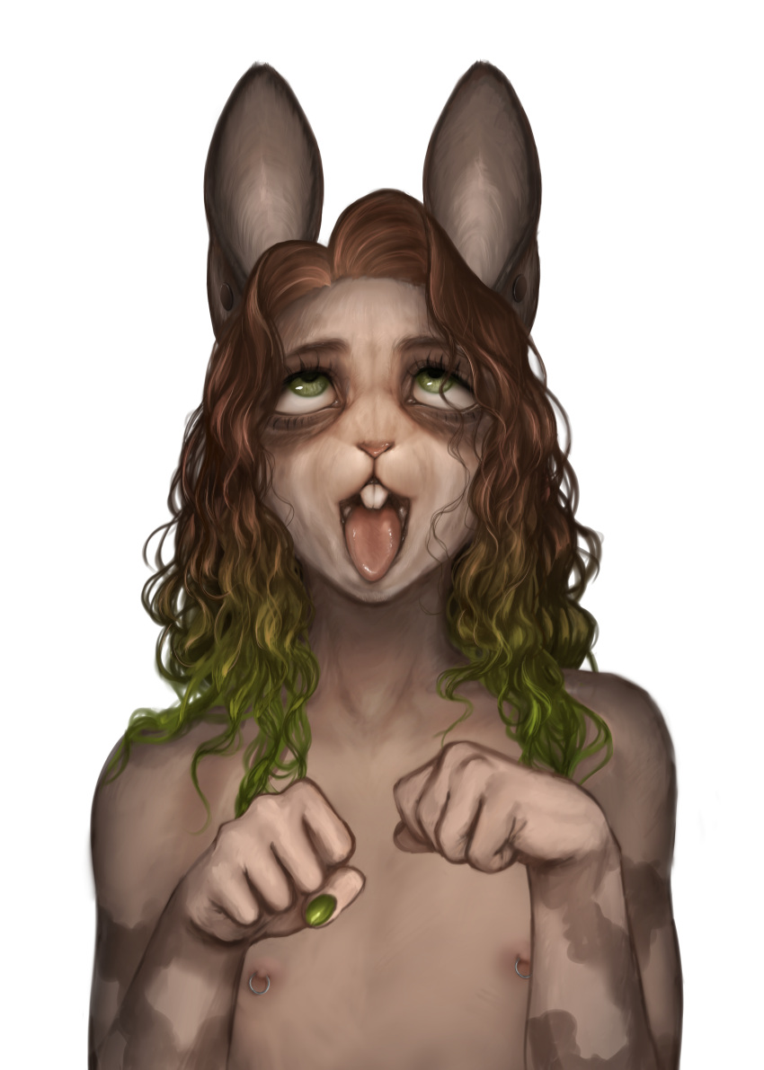 2021 2022 absurd_res ahegao anthro begging begging_pose brown_body brown_hair brown_skin buckteeth colored detailed detailed_eyes digital_drawing_(artwork) digital_media_(artwork) digital_painting_(artwork) girly green_eyes green_hair gynomorph hair hi_res highlights_(coloring) intersex lagomorph leporid looking_pleasured looking_up mammal nazena_ra nipple_piercing nipple_ring nipples nude open_mouth pale_body pale_fur pale_skin piercing pose rabbit sandry_vallheim shaded simple_background solo teeth tongue tongue_out trans_(lore) trans_woman_(lore) wavy_hair ych_result