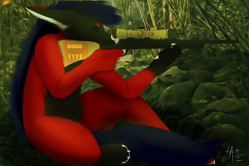 absurd_res ambiguous_gender anthro canid canine digital_media_(artwork) dragon forest forest_background fur gun hair hazed hi_res hybrid kato_blackpaw mammal mohawk nature nature_background plant ranged_weapon rifle sniper sniper_rifle solo tree weapon