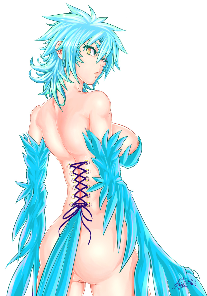 1girl areola_slip areolae ass back bangs blue_feathers blue_hair blue_wings breasts commentary corset_piercing feather_pasties feathered_wings hair_between_eyes harpy highres large_breasts long_hair looking_back maria_(zippedsquire) monster_girl nude open_mouth original piercing sideboob simple_background solo white_background winged_arms wings yellow_eyes zippedsquire