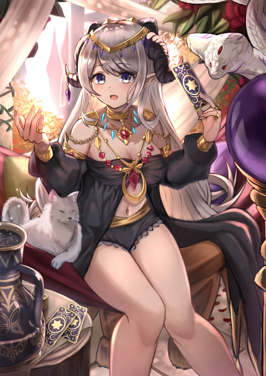 1girl animal black_shorts blue_eyes bow breasts card circlet cleavage eyebrows_visible_through_hair fantasy gold_trim grey_hair hair_bow highres holding holding_card horns jewelry knees_together_feet_apart koucha_miruku long_hair medium_breasts multiple_rings navel necklace off-shoulder_shirt off_shoulder original ponytail revealing_clothes ring shirt short_shorts shorts sitting snake thighs vase