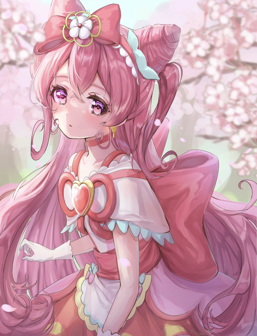 1girl apron bangs blurry blurry_background bow capelet choker cure_happy daopon earrings flower gloves hair_bow heart highres jewelry long_hair looking_at_viewer outdoors parted_lips pink_choker pink_eyes pink_flower pink_hair precure red_bow solo waist_apron white_capelet white_flower white_gloves
