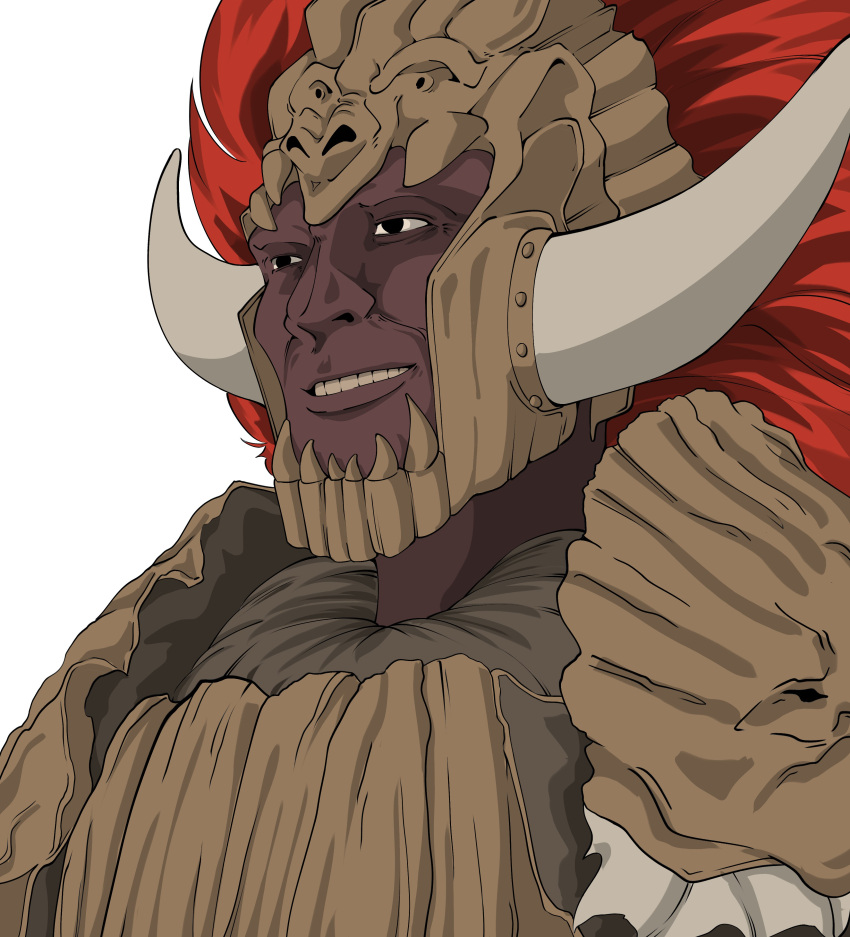 1boy absurdres armor black_eyes dark-skinned_male dark_skin elden_ring fake_horns full_armor gigachad_(meme) grin helmet highres horned_helmet horns male_focus meme notjapanesesushi pauldrons red_hair shoulder_armor simple_background smile solo starscourge_radahn white_background