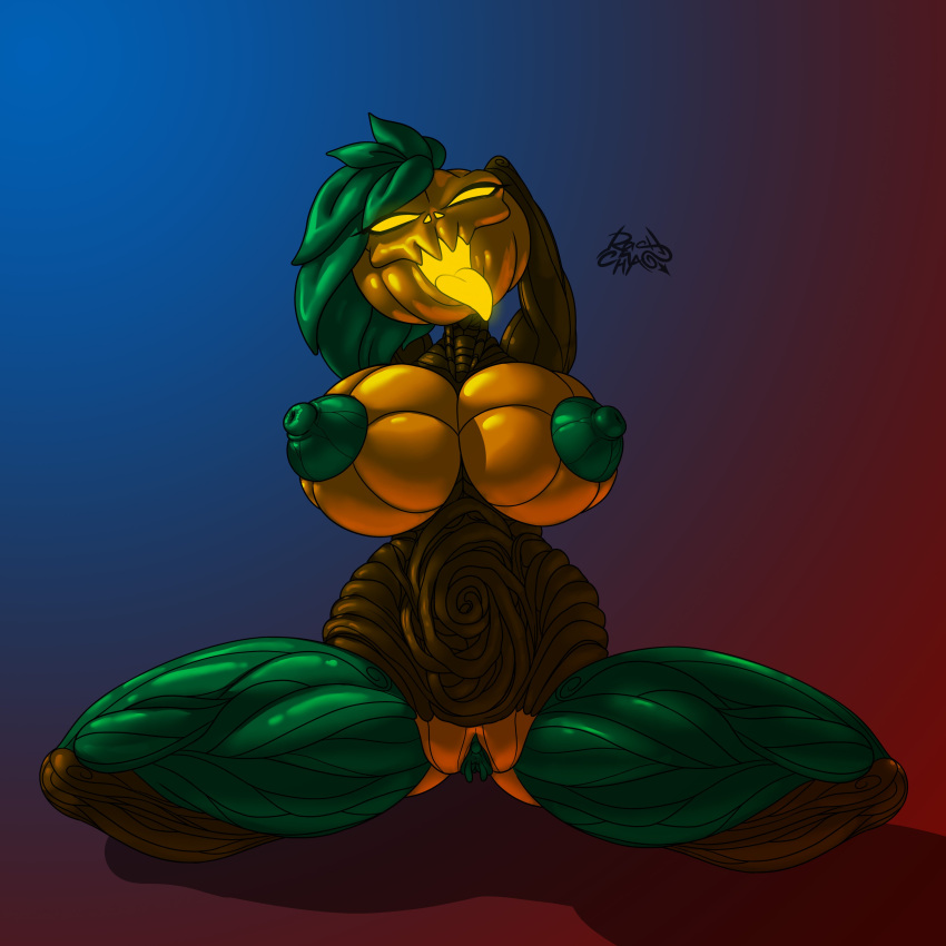 absurd_res areola belly big_areola big_breasts big_nipples breasts brown_arms brown_belly brown_body brown_legs elemental_creature female flora_fauna food food_creature fruit genitals gradient_background green_areola green_body green_hair green_legs green_nipples green_pussy hair halloween hand_behind_back hand_behind_head hi_res holidays huge_breasts humanoid kneeling leaf leaf_hair leaf_legs long_tongue looking_at_viewer monster_girl_(genre) narrowed_eyes nipples no_sclera not_furry open_mouth orange_body orange_breasts orange_head plant plant_hair planted_leg pseudo_hair pumpkin pumpkin_breasts pumpkin_head pussy rashchaos shadow sharp_teeth signature simple_background sitting sitting_on_floor smile solo spread_legs spreading teeth thick_thighs tongue wooden_body wooden_leg yellow_eyes yellow_tongue