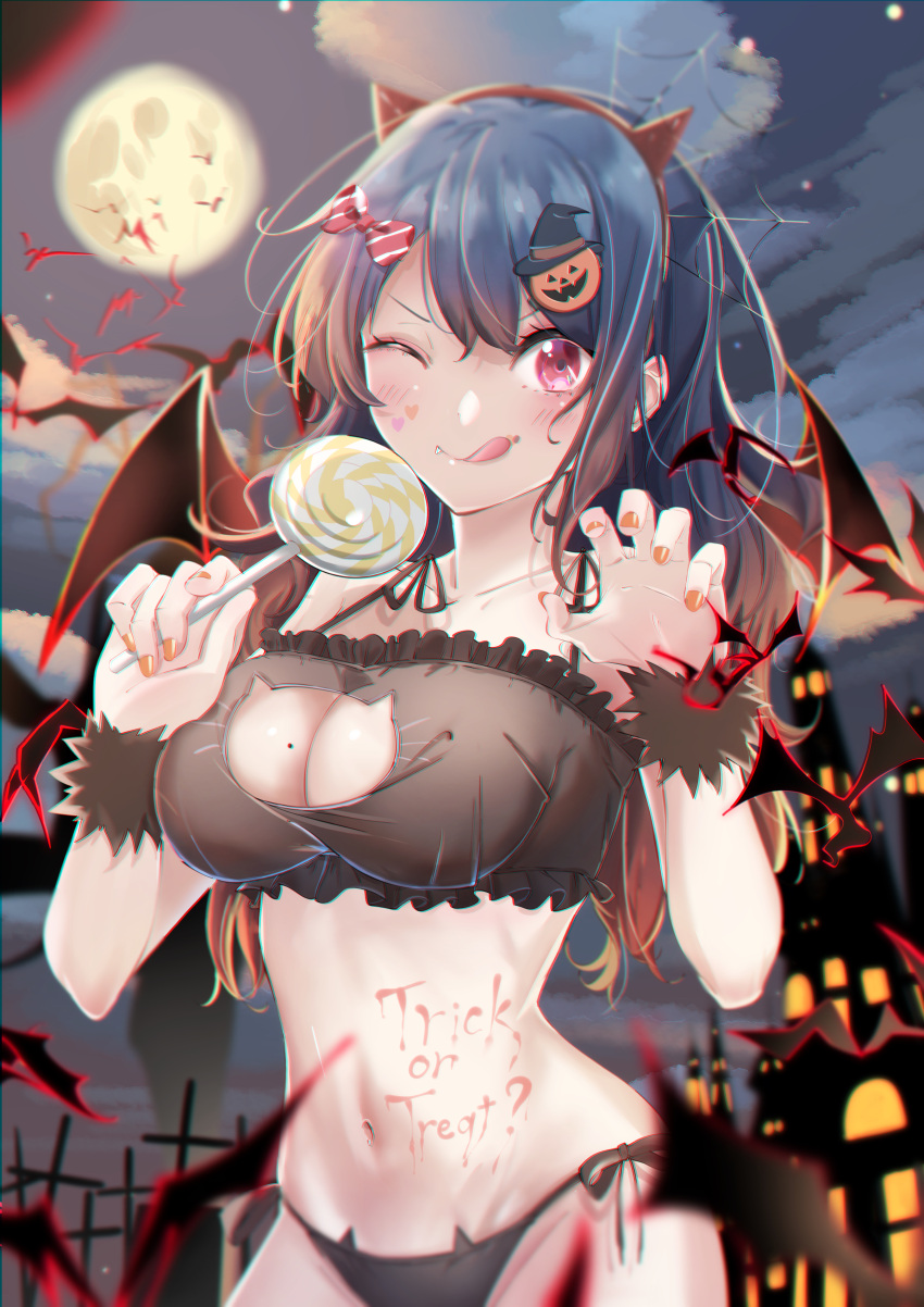 1girl absurdres bangs bare_shoulders bat bat_wings belly black_hair blush bow breasts candy cat_lingerie claw_pose cleavage collarbone eyebrows_behind_hair fang food frills full_moon hair_between_eyes hair_bow hair_ornament halloween halloween_costume heart highres komupi large_breasts lollipop looking_at_viewer medium_hair meme_attire moon nail_polish navel night night_sky one_eye_closed original purple_eyes silk sky solo spider_web tongue tongue_out wings