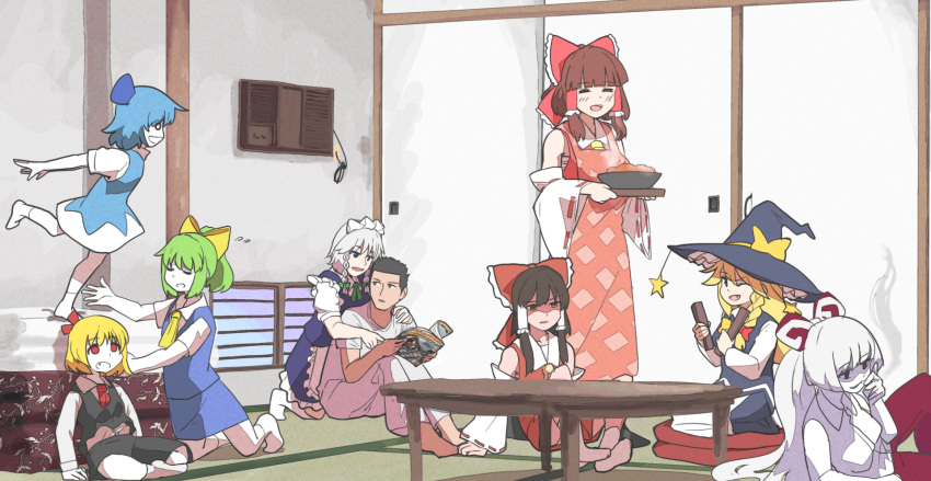 1boy 6+girls apron black_hair blonde_hair blue_hair bow brown_hair cigarette cirno cirno_(cookie) cookie_(touhou) daiyousei diyusi_(cookie) fujiwara_no_mokou genpatsu_(cookie) green_hair hair_bow hair_tubes hakurei_reimu hat highres hyoushigi indian_style indoors izayoi_sakuya kimura_(coat_corp.) kirisame_marisa leftame long_hair manatsu_no_yo_no_inmu mugi_(cookie) multiple_girls nadeko_(cookie) one_eye_closed ponytail red_eyes ruka_(cookie) rumia rurima_(cookie) seiza short_hair sitting smoking table takuya_(acceed) touhou tsurikichi_obasan white_hair witch_hat yukiya_ryuu