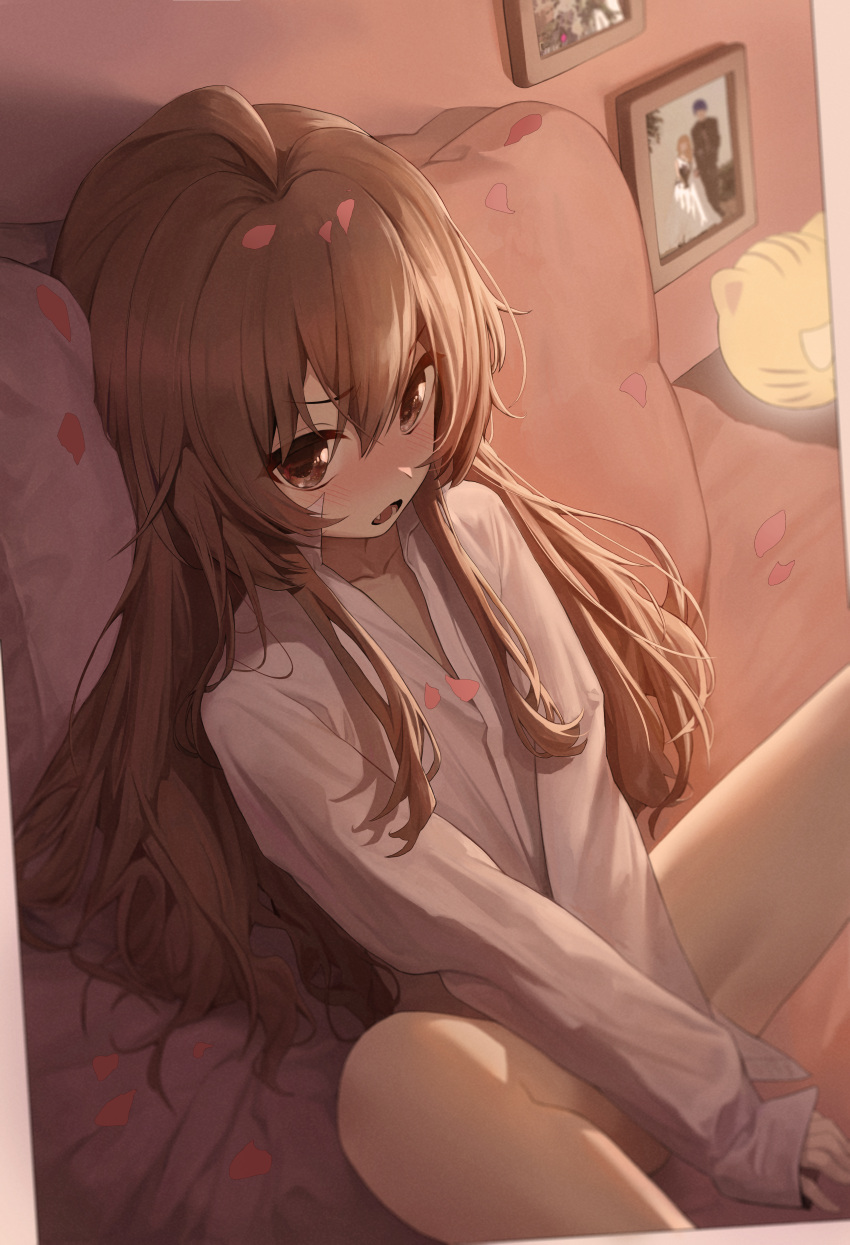 1boy 1girl absurdres aisaka_taiga bangs bed blush bouquet brown_eyes brown_hair collarbone commentary couple covering covering_crotch dress embarrassed flower goowonjoon hair_between_eyes highres long_hair long_sleeves no_panties open_mouth petals petite pillow pink_shirt rose shirt solo spread_legs toradora! v-neck wedding_dress