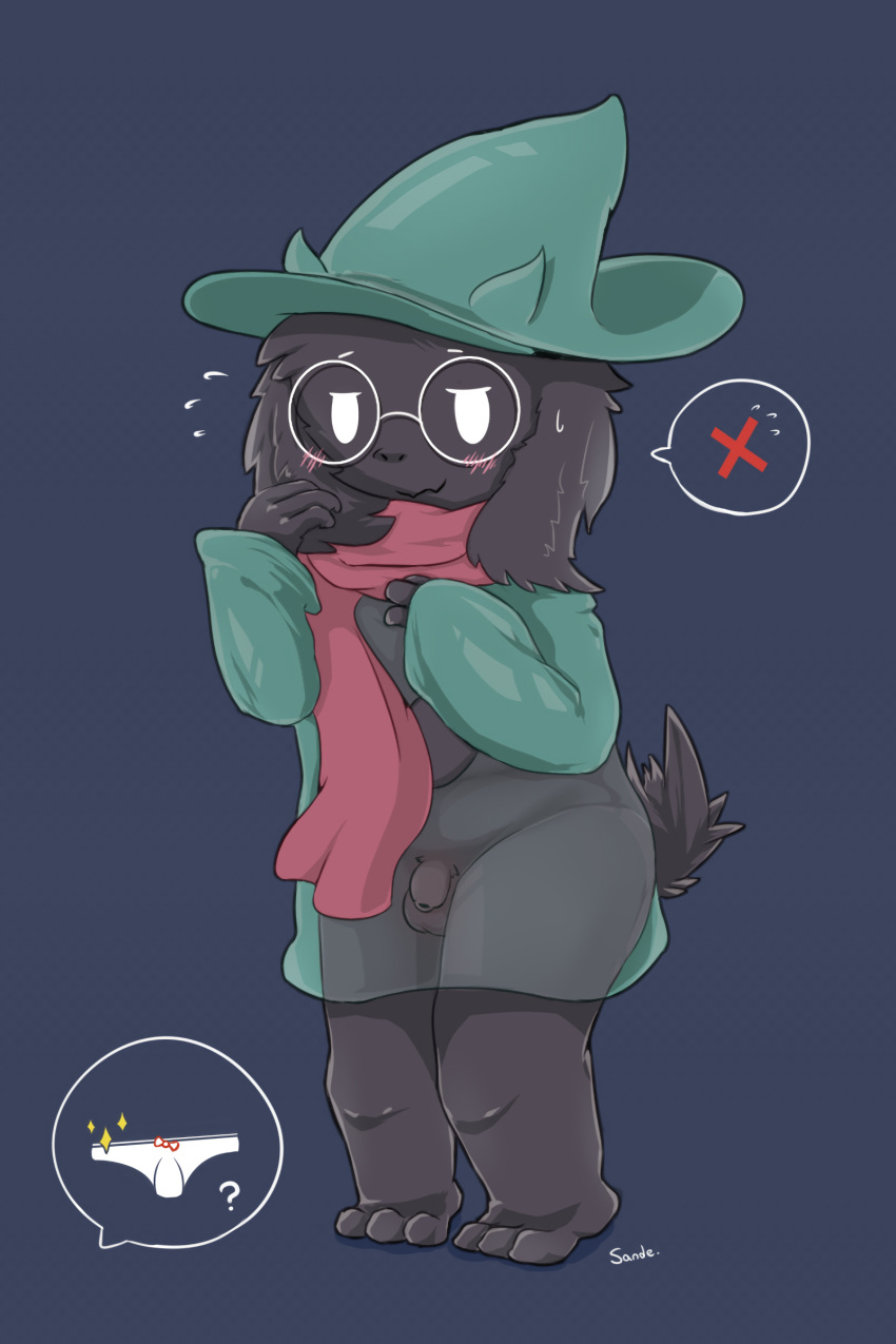 absurd_res balls barefoot black_body black_fur blush bodily_fluids clothed clothing deltarune eyewear feet foreskin fur genitals glasses hat headgear headwear hi_res male penis ralsei sande_(pixiv) scarf solo sweat undertale_(series) underwear video_games