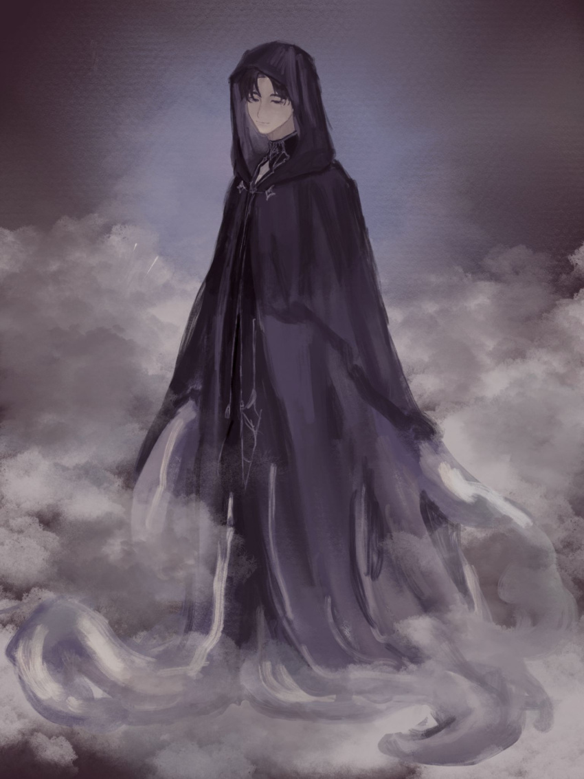 1boy bangs black_cloak black_hair black_jacket chinese_commentary cloak commentary_request empty_eyes fog god highres hood hooded_cloak jacket klein_moretti lord_of_the_mysteries smile solo tentacles tentacles_under_clothes yunshiguijitu