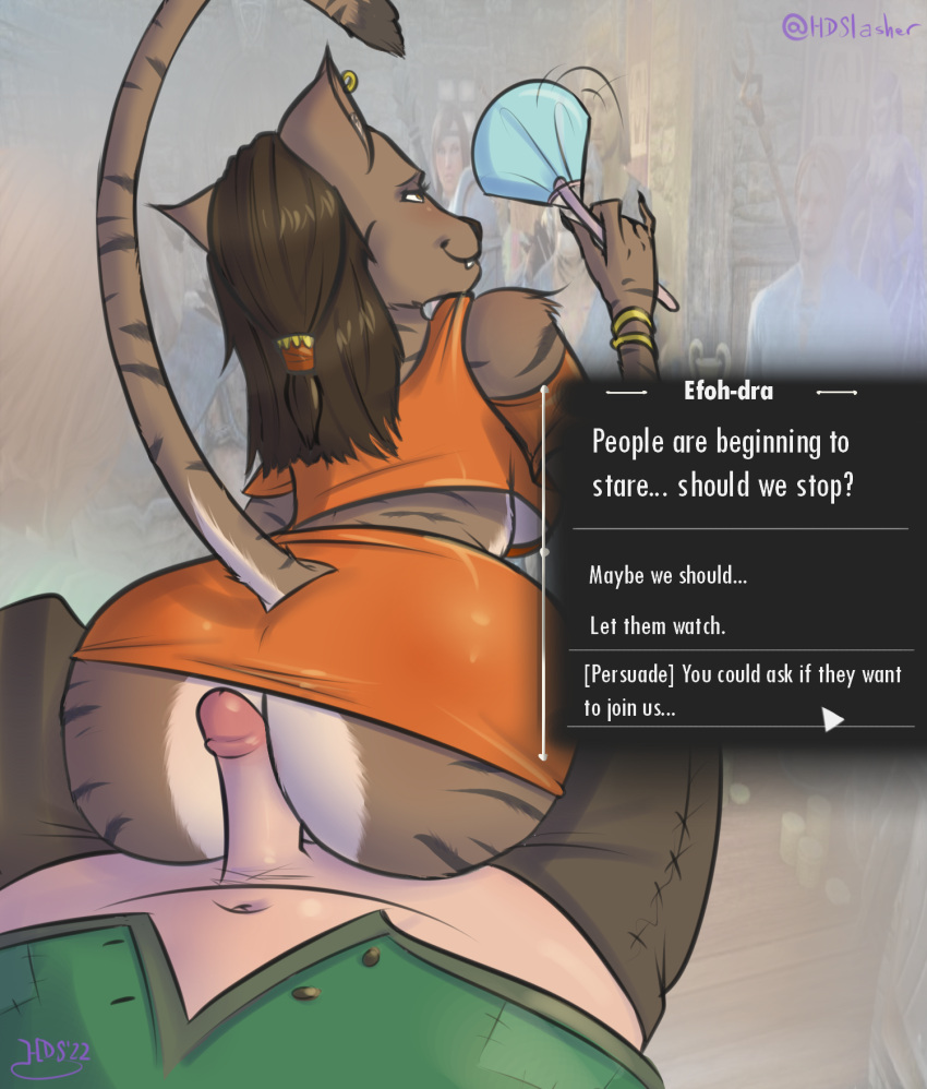 anthro bethesda_softworks big_butt brown_body brown_fur brown_hair butt clothed clothed_sex clothing dialogue duo ear_piercing english_text exhibitionism felid female first_person_view from_behind_position fur hair hashdrawingslasher hi_res hot_dogging human human_on_anthro interspecies jewelry khajiit male male/female mammal outercourse paper_fan piercing public public_sex raised_tail sex stealth_sex stripes talking_to_viewer text the_elder_scrolls the_elder_scrolls_online tight_clothing video_games white_body white_fur