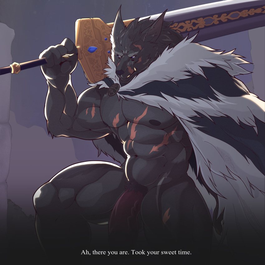 abs absurd_res anthro balls biceps big_muscles big_penis black_body black_fur black_nose blaidd_(elden_ring) blue_sclera bodily_fluids canid canine canis clothed clothing digital_media_(artwork) elden_ring fangs fromsoftware fur genital_fluids genitals half-erect hi_res holding_object holding_weapon humanoid_genitalia humanoid_penis jawful male mammal melee_weapon muscular muscular_anthro muscular_male nipples partially_clothed pecs penis pubes scar solo solo_focus sword text vein veiny_penis video_games weapon wolf