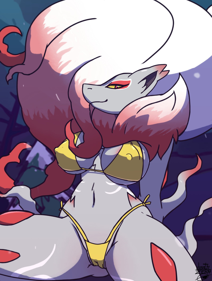 anthro big_breasts bikini breasts camel_toe clothing deathzera female genitals grin hands_behind_back hi_res hisuian_zoroark huge_breasts looking_at_viewer low-angle_view night_sky nintendo nipple_outline nipple_slip pok&eacute;mon pok&eacute;mon_(species) regional_form_(pok&eacute;mon) smile solo spread_legs spreading swimwear video_games