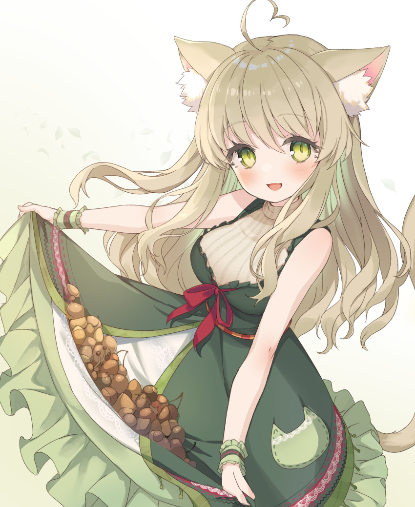 1girl absurdres acorn antenna_hair bangs blush cat_girl cat_tail commission commissioner_upload dress eyebrows_visible_through_hair frilled_dress frills green_dress green_eyes green_hair hazelnut highres holding holding_clothes holding_dress long_hair looking_at_viewer pocket red_ribbon reimin ribbon simple_background skeb_commission smile solo tail vrchat white_background wrist_cuffs