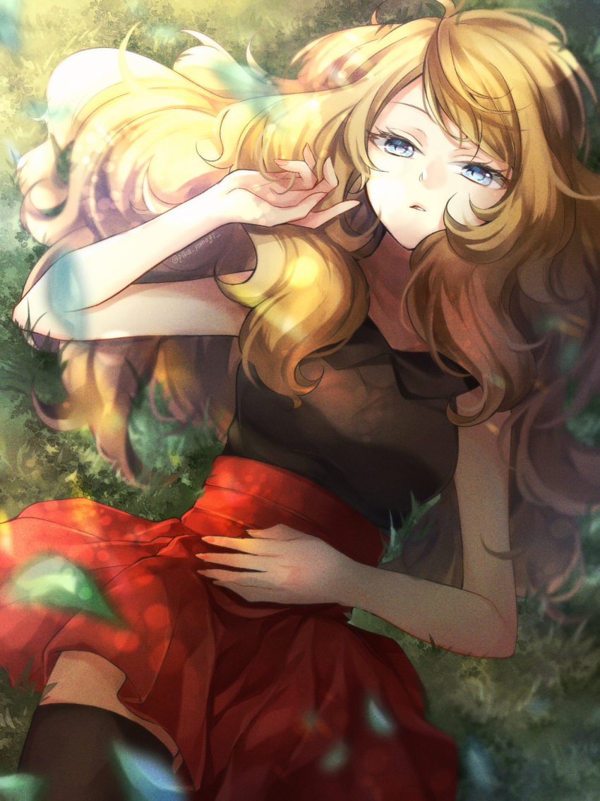 1girl bangs black_legwear blonde_hair blue_eyes blurry collared_shirt commentary_request day eyelashes from_above grass high-waist_skirt highres leaf leaves_in_wind long_hair lying on_back outdoors parted_lips pokemon pokemon_(game) pokemon_xy red_skirt serena_(pokemon) shirt skirt sleeveless sleeveless_shirt solo thighhighs yomogi_(black-elf)