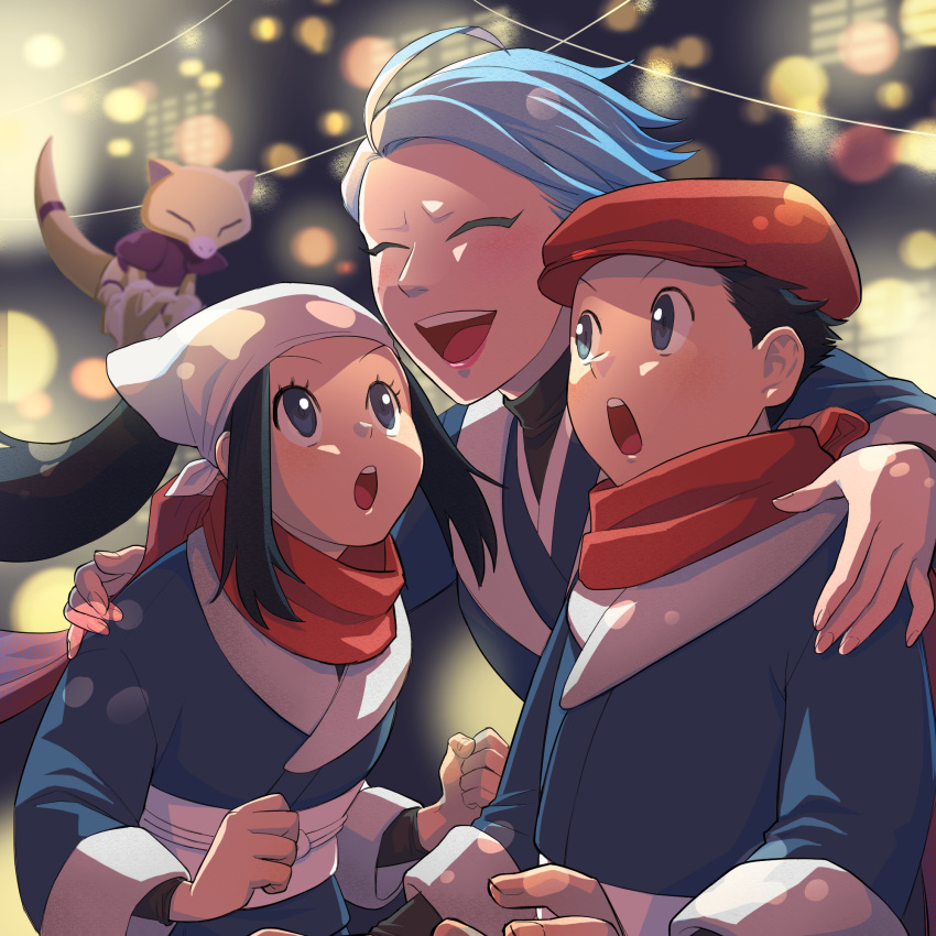 1boy 2girls :d abra akari_(pokemon) black_hair black_shirt blue_hair blue_jacket blurry blush closed_eyes commentary_request cyllene_(pokemon) happy hat highres jacket long_hair multiple_girls open_mouth pokemon pokemon_(creature) pokemon_(game) pokemon_legends:_arceus ponytail red_headwear red_scarf rei_(pokemon) scarf shirt short_hair sidelocks smile teeth tongue upper_teeth yuushi_(10yusi01)