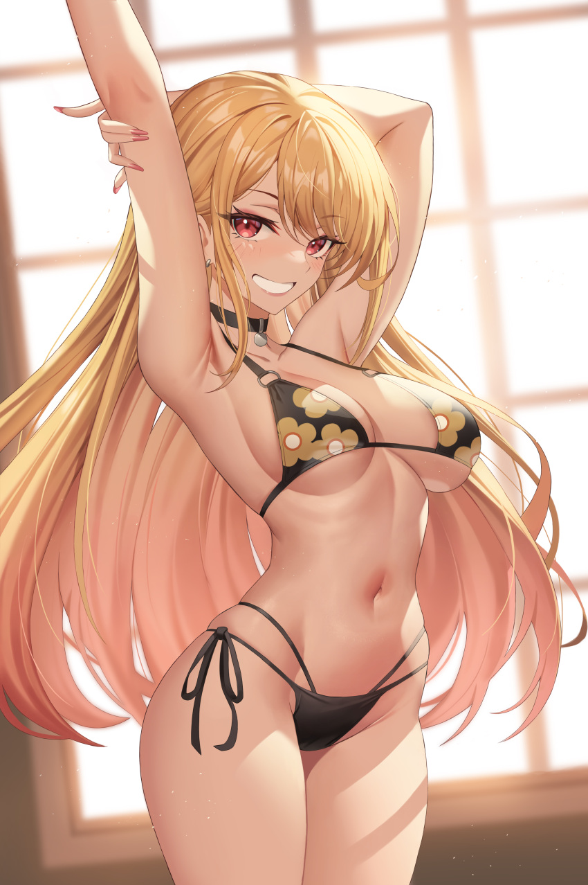 1girl absurdres armpits arms_up bikini black_choker blonde_hair breasts choker colored_tips cowboy_shot earrings fake_nails floral_print gradient_hair grin gyaru highres jewelry kitagawa_marin long_hair medium_breasts multi-strapped_bikini multicolored_hair navel nolan o-ring o-ring_bikini pink_hair pink_nails red_eyes side-tie_bikini sideboob smile solo sono_bisque_doll_wa_koi_wo_suru stomach swimsuit teeth underboob wide_hips