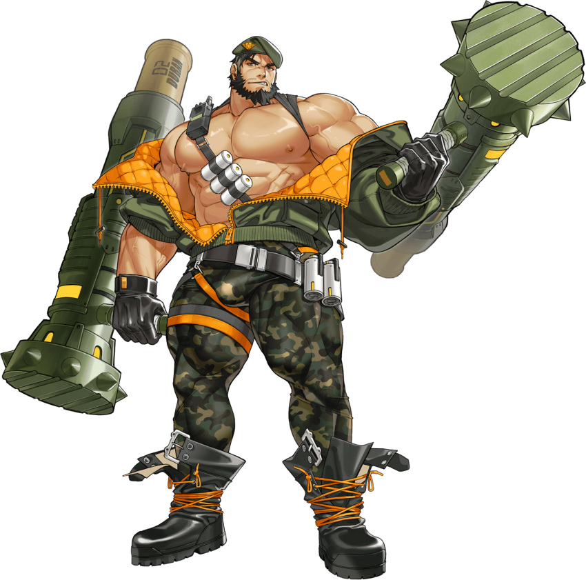 1boy abs anklet bara beard belt beret biceps black_eyes black_hair boots buzz_cut camouflage camouflage_pants clothes_lift communicator duran_(gyee) explosive facial_hair gloves gomtang grenade gyee hat highres jacket jewelry large_pectorals looking_at_viewer male_focus manly military military_uniform muscular muscular_male nipples official_art open_clothes open_jacket pants pectorals scar scar_on_face shirt_lift short_hair solo tank_top thick_arms thick_eyebrows thick_thighs thighs tight tonfa topless topless_male uniform veins veiny_arms very_short_hair walkie-talkie weapon zipper